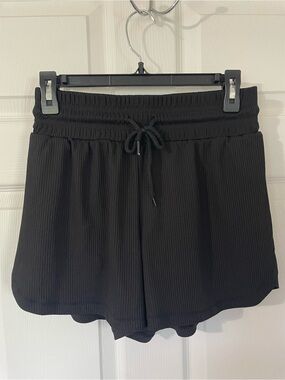 Ribbed Drawstring Athletic Shorts - Black